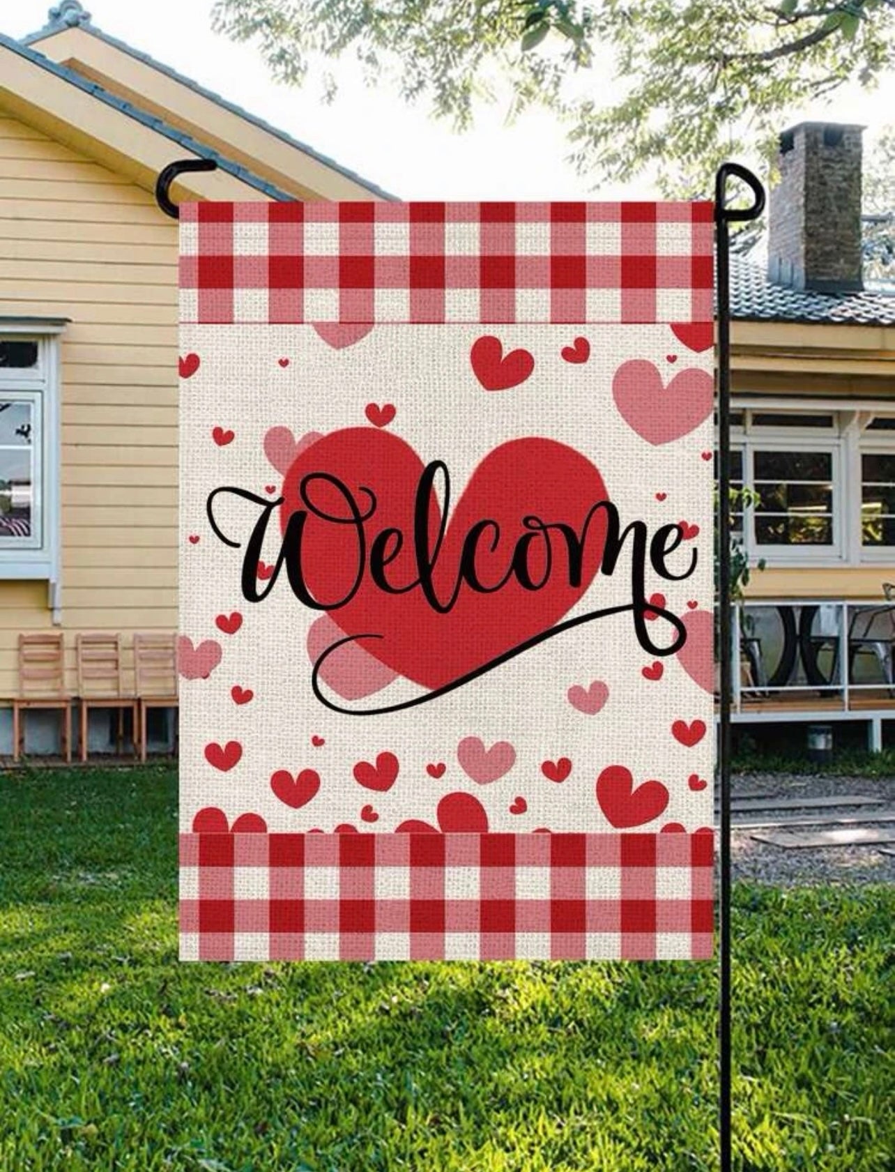 Red Heart Welcome Garden Flag