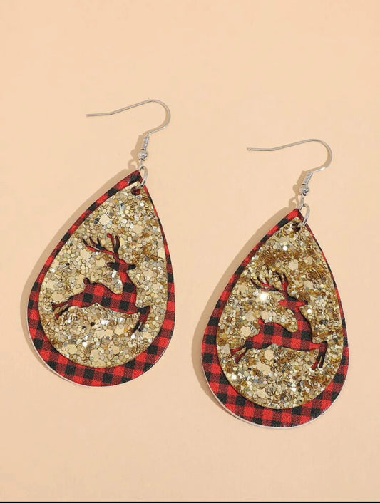Buffalo Plaid/Gold Glitter Reindeer Cutout Earrings