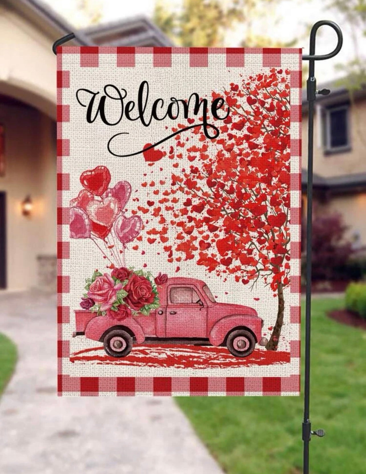 Pink Truck with Hearts Garden Flag