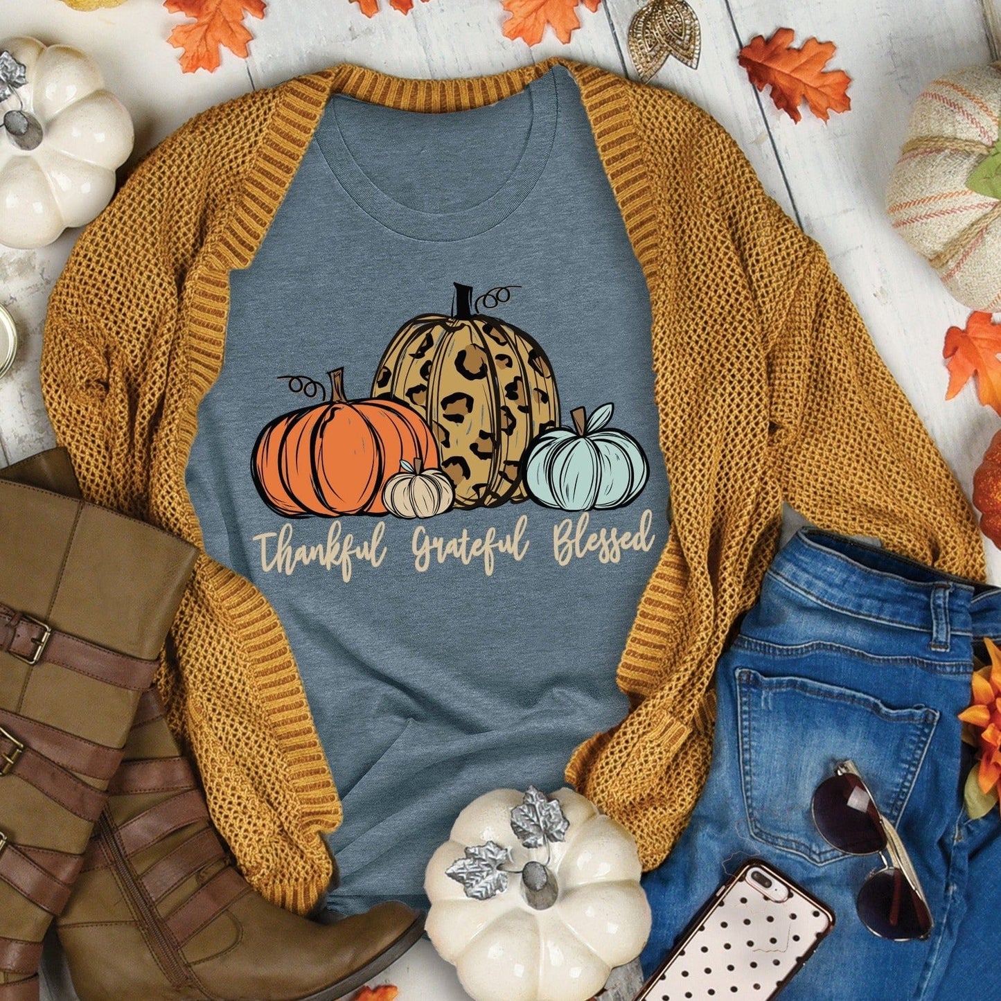Blue Thankful Pumpkin Tee Shirt