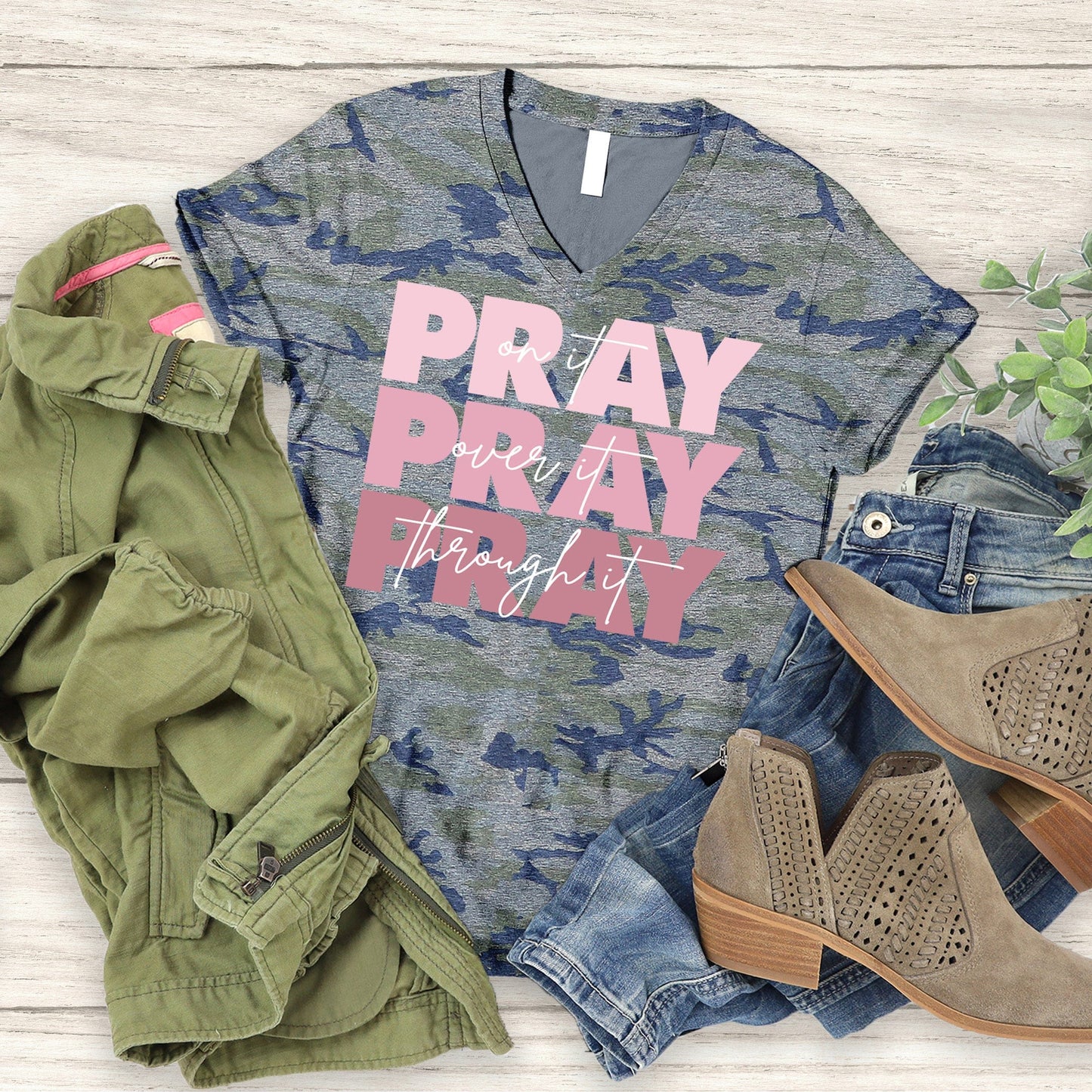 Pray on it Camo VNeck Tee Shirt